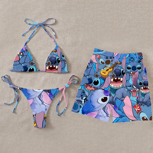 Blue casual stitch printed bikini shorts couple swimsuit