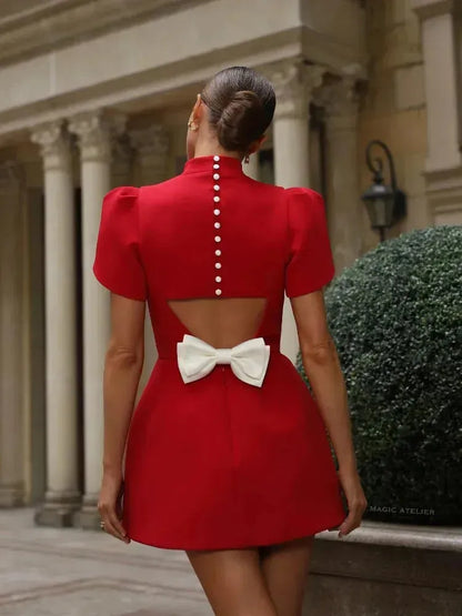 Elegant Red Bowknot Mini Dress